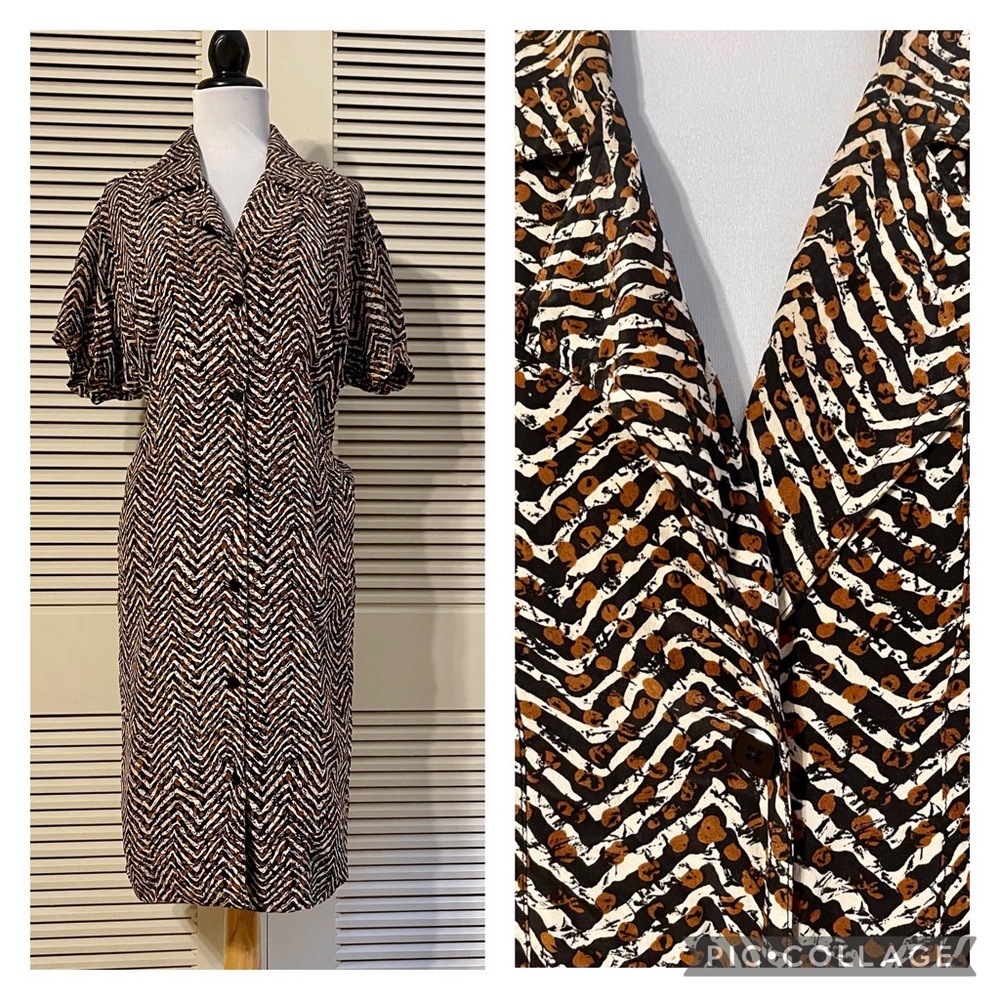 Ellen Tracy Brown Black Cream Zigzag Midi Shirt Dress
